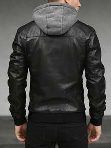 Men's Black Faux Leather Hooded Jacket | Casual Streetwear Style Removable Hood PU Leather Coat | Windproof Zip-Up Bomber Jacket With Chest Pockets & Ribbed Cuffs | Perfect For Fall Winter Daily Wear & Outdoor Activities - 黑色 - 查看 3