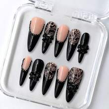 NailLuxe 10 PCS Handmade Stiletto Press - On Nails | Lace Bow Gothic Nails With Peach & Black Bases, Lace & Bow Embellishments For Dark Sweet Styles - 黑色 - 查看 6