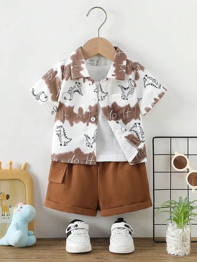 Baby Boys' Simple Lapel Short Sleeve Dinosaur Print Button-Up Shirt With Fake Pocket Shorts, 2pcs Casual Outfit Set For Toddler Boys, Suitable For Spring/Summer Daily, Party, Outing