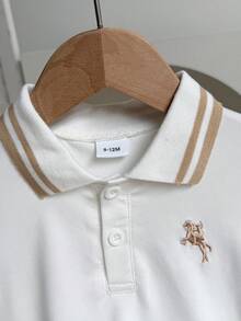 男婴夏季休闲时尚条纹Polo领短袖上衣+百搭短裤套装（2件套），适合日常、运动、通勤、上学等场合。 - 杏色 - 查看 3