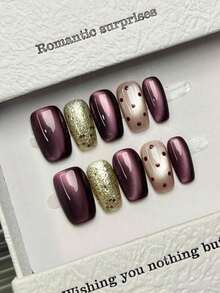 10pcs Handmade Nails Oval Square Nails Acrylic Press On Nails Short Medium, Minimalism Purple Nails, Flashy Cateye, Glitter Powder Handpainted Polka Dots Pattern, Simple Elegant Luxury Handcrafted Nails Autumn Nails, Fall Press On Nails, Cute Aesthetic, Versatile Nails DIY False Nail Art Party Daily & Dating Use Beach Tropical Getaway Suitable Reusable, For Women & Girls As Gift Nail Supplies(Random Delivery) - 隨機 - 查看 7