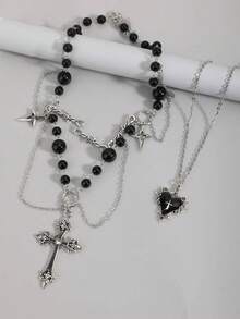 2件套哥特式叠层十字架项链，仿珍珠流苏颈链，玫瑰荆棘十字架吊坠朋克风叠层毛衣链项链套装（女士款） - 黑色 - 查看 2