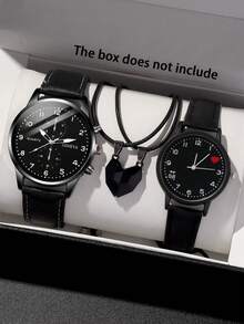 4pcs Set Fashion Versatile Casual Round Belt, Unisex Couple Quartz Watch + Heart Pendant Necklace Combo Set - Black - View 1