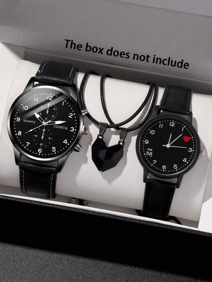 4pcs Set Fashion Versatile Casual Round Belt, Unisex Couple Quartz Watch + Heart Pendant Necklace Combo Set - Black - View 1