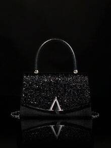闪亮亮片女士晚宴手提包，奢华A字型派对包，优雅新款女士婚礼礼品包，配有闪亮水晶吊坠首饰套装，包括项链、耳环和手链，非常适合派对、舞会、晚宴和聚会。 - 黑色 - 查看 2
