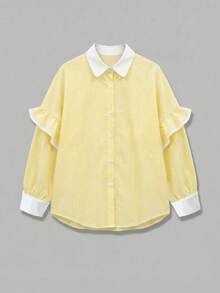 Nueva Camisa Casual de Manga Larga a Media Altura con Patchwork, Color Contrastante, Botones, Volantes y Rayas, Elegante y de Moda, Amarillo - Amarillo - Ver 6
