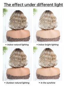 12 Inch Heat Resistant Ombre Golden Synthetic Wig With Bangs, Curly Wavy Gradient Color Wig For Daily, Date, Casual Styling - Blonde Ombre - View 8