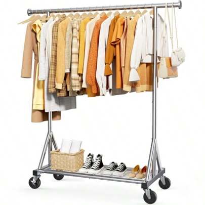 Sakugi Stainl Steel Rolling Clothes Rack With Mesh Shelf Lockable Wheels And Anti-Slip Stoppers Freestanding Clothing Organizer For Bedroom Laundry Room 42.5" X 16.5" X 65.9" Sier