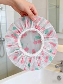 3pcs/Set Reusable Waterproof Shower Cap, Bathing Cap, Hair Washing Cap, Cherry Print Shower Cap, Waterproof Bathing Cap, Elastic Hair Cover, Bathroom Decor, Suitable For Valentine's Day, New Year, Spring Vacation, Home SPA, Travel - Multicolor - View 4