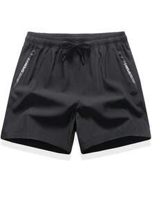 Short de sport d'extérieur pour hommes, imprimé lettres d'été, ourlet fendu 3/4, taille élastique à cordon de serrage avec poches zippées. Convient pour la course, l'entraînement, la fitness - Noir - Voir 6