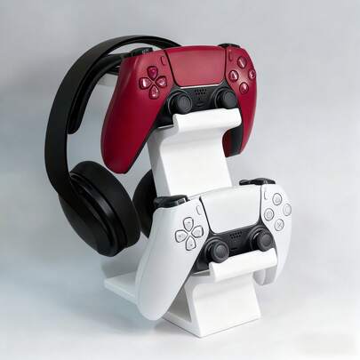 3-In-1 PlayStation 5 Controller Stand - Game Desk Storage Rack With Headphone Hook, Holds 2 Controllers And Headset, Space-Saving, White/Black Game Accessory