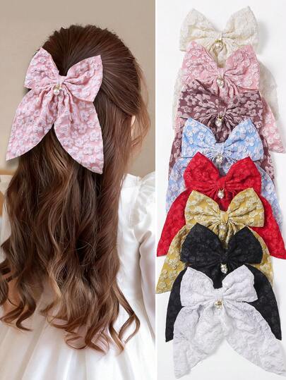 7pcs/Set Girls & Teens Colorful Embossed Fabric Large Bow Hair Clips, Hair Accessories, Daily Use
