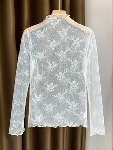 2025 New Lace Mock Neck Layering Sheer Mesh Long Sleeve Undershirt For Women, Spring/Summer/Autumn - White - View 3
