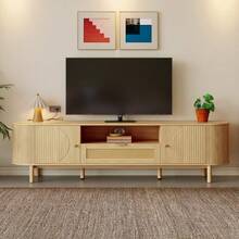 Modern TV Cabinet With Rattan Drawers With Open Compartments, Rounded Tabletop, Metal Legs In Wood Look, Multifunctional Living Room Furniture.