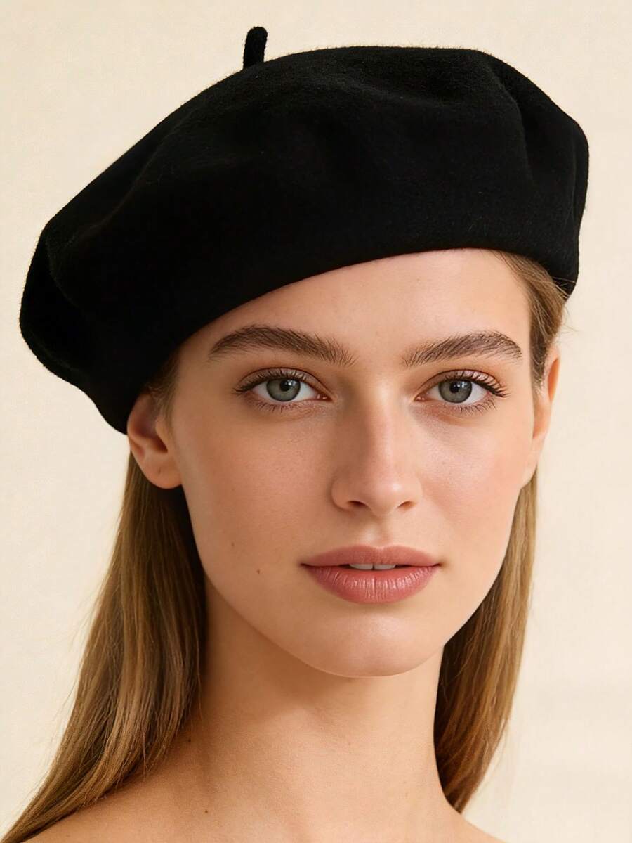 1pc Classic Warm Solid Color Beret Hat, Fashionable Minimalist Artist Cap - Black - View 1
