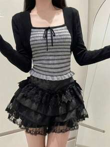2pcs Contrast Stripe Camisole With Bow Accent & Cardigan Sweater Set, Spring/Summer - Dark Grey - View 7