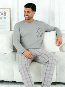 Bộ 2 món dành cho nam giới cỡ lớn, gồm áo nỉ chui đầu dáng rộng tối giản có túi và quần dài kẻ caro, thích hợp cho mùa xuân, thu, đông, quà tặng ngày Valentine. - Bụi tím - Xem 5