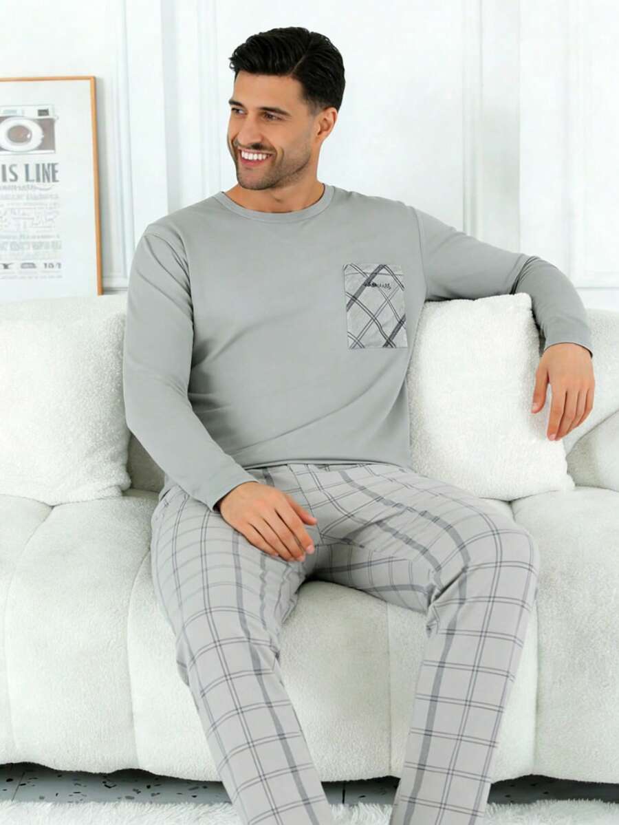 2pcs Men's Plus Size Casual Loose Minimalist Pullover Sweatshirt With Pockets & Plaid Lounge Pants Set, Suitable For Spring, Autumn, Winter, Valentine's Day Gift - Dusty Purple - View 1