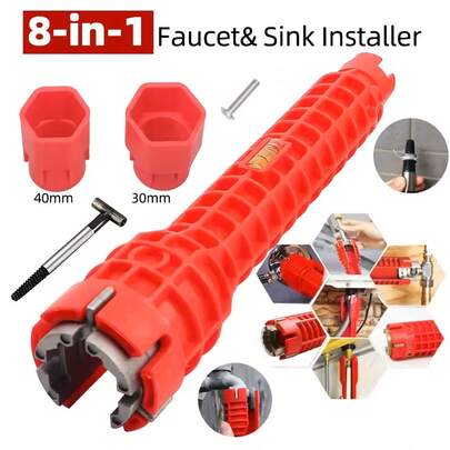 مفتاح حوض ألومنيوم سبيكة أحمر 8 في 1 - بهيكل فولاذي متين مع مقبض مطاطي مريح، مناسب لتركيب وإصلاح الحمام، أداة سباكة للحوض في الحمام والمطبخ، مفتاح حنفية حديث