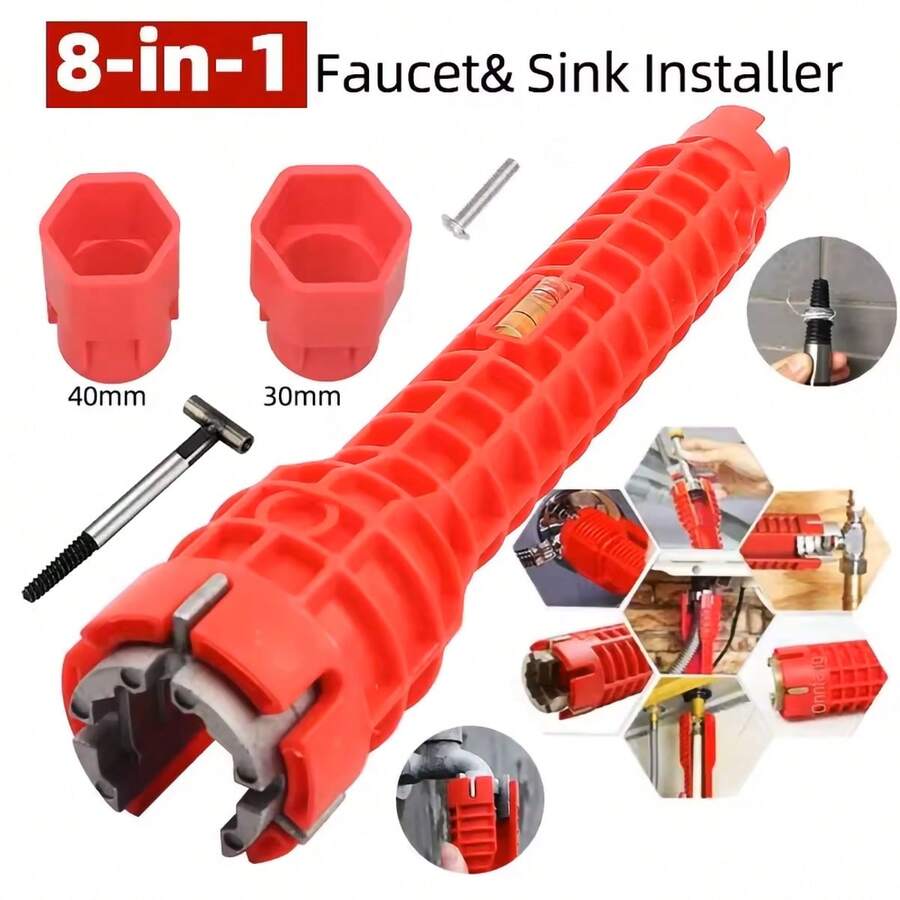 Bộ dụng cụ vặn ốc bồn rửa 8 trong 1 bằng hợp kim nhôm màu đỏ - Cấu trúc thép bền chắc với tay cầm cao su thoải mái, tiện lợi cho việc lắp đặt và sửa chữa phòng tắm, dụng cụ sửa chữa đường ống nước cho bồn rửa nhà bếp và phòng tắm, dụng cụ vặn ốc vòi nước hiện đại. - Đỏ - Xem 1