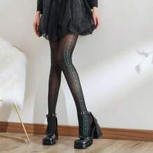 Women's Fashion Tights With Side Rose Flower Print - Black - View 3