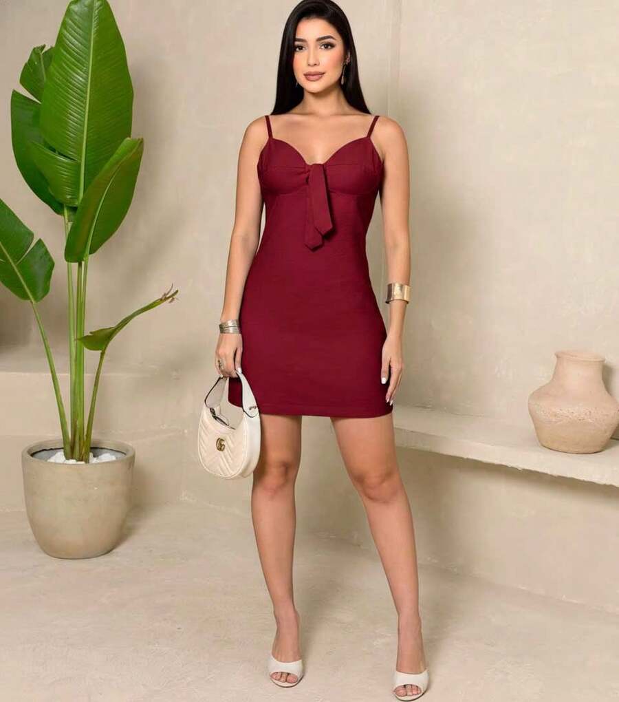 Women's Short Tailored Dress With Thin Straps. - Màu Đỏ Sâu - Xem 1