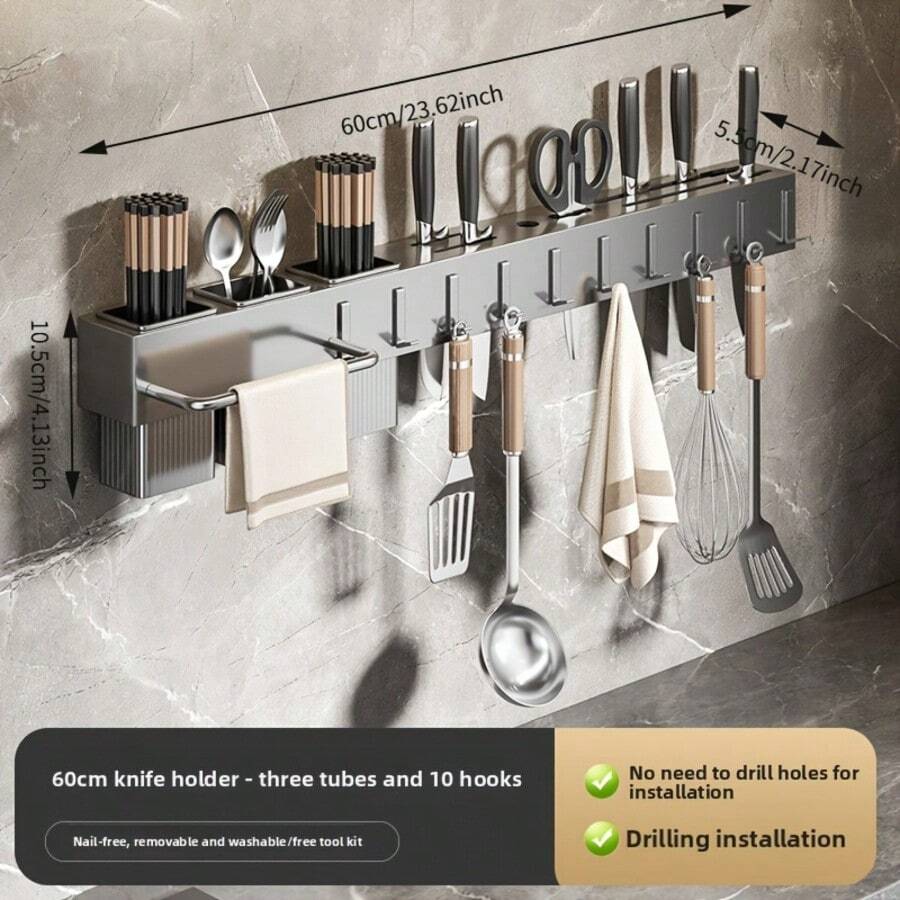 1pc Multi-Function Knife Holder Wall-Mounted Carbon Steel No-Drill Storage Rack For Knives And Chopsticks, All-In-One Kitchen Organizer - Multicolor - View 1