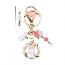 1pc Colorful Floral Rabbit Keychain, Cute Sakura Flower Rabbit Pendant Bag Charm, Zinc Alloy Rabbit & Flower Key Chain, Lovely Gift For Friends, Classmates - Multicolor - View 2