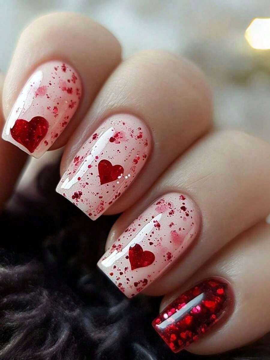 Uñas AcrílicasArt Cute Heart-Shaped Manicure 24 Pieces Of Nails Press On Nails Fake Nails Y2k Nails Pink And Red Nails - 淺粉色 - 查看 1