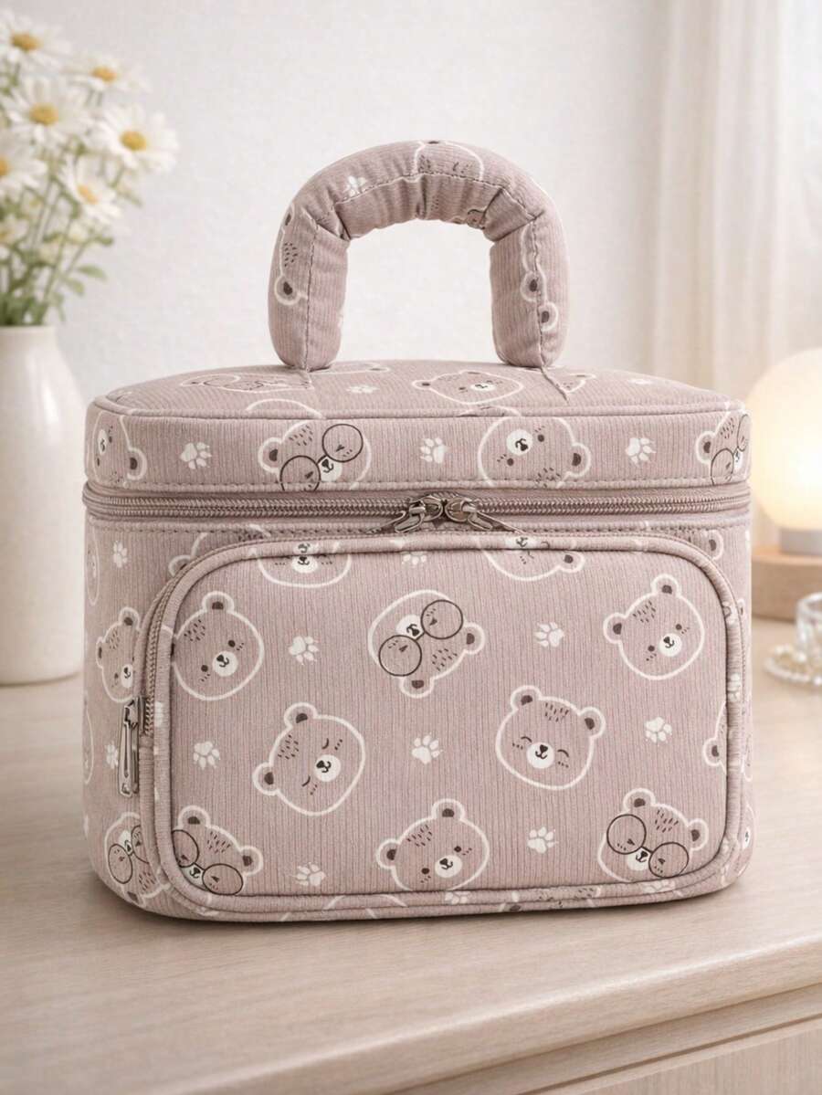 1pc Corduroy Teddy Bear Print Large Capacity Makeup Bag, Compartment Storage Design, With Handle And Front Zipper Pocket, Can Hold Cosmetics, Skincare, Nail Care And Toiletries, Suitable For Home Vanity, Dorm Storage, Travel And Short Trips - Multicolor - View 1