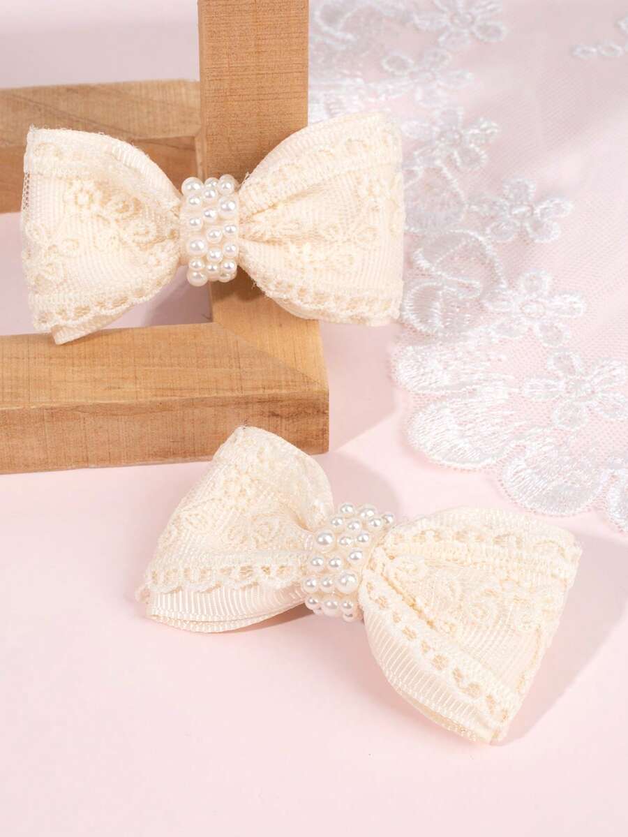 2 piezas Lazos de encaje para el cabello de niñas con decoración de perlas falsas, pinzas de cocodrilo, estilo minimalista, pasadores para el cabello para uso diario casual, festivales, vacaciones y fiestas, accesorios para el cabello para adolescentes - Multicolor - Ver 1