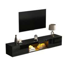 High-Gloss Wall-Mounted TV Cabinet, 160*31*22 Cm, With LED Lighting, Low Cabinet, TV Table, TV Stand, TV Chest, Wall-Mounted TV Mount, For 70-Inch TVs, 35 Kg Load Capacity, Black - Black - View 8