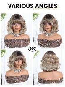 12 Inch Heat Resistant Ombre Golden Synthetic Wig With Bangs, Curly Wavy Gradient Color Wig For Daily, Date, Casual Styling - Blonde Ombre - View 7