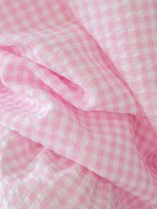 甜美女孩粉色格子高腰A字中长裙，夏季青春泡泡裙 - 粉色 - 查看 9