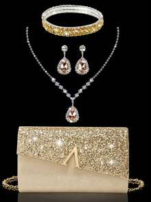 4 pièces Ensemble de bijoux pour femmes avec boucles d'oreilles, collier, bracelet et pendentif ornés de strass. Sac à main élégant avec décoration en métal en forme de V, convient pour les bals, mariages et soirées. Peut être utilisé comme sac à épaule, portefeuille, sac à main, sac de mariage, sac de soirée. Multifonctionnel pour les cocktails, mariages, nouveaux portefeuilles, sacs de banquet - Doré - Voir 10