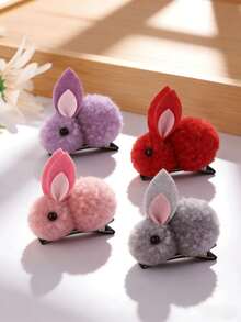 2/4个可爱毛绒兔子发夹 - 饰有卡通兔子和熊图案，星形蓬松发夹，彩色纽扣设计，甜美柔软的发饰，适合日常女士发型 - 彩色 - 查看 11