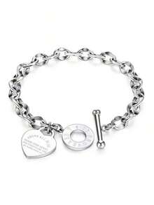 1pc Women's Stainless Steel Classic Heart Engraved Toggle Clasp Titanium Steel Chain Bracelet Valentines,Mom,Mother,Mother's Day,Gift - Bạc - Xem 6