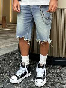 Light Blue Frayed Hem Denim Shorts, Straight Leg Casual Shorts With Asymmetrical Frayed Hem And Natural Fading, Versatile Fashionable Style For All Seasons - 藍色 - 查看 3