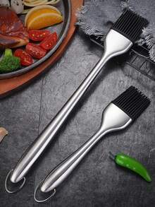 1pc Stainless Steel High Heat Resistant BBQ Basting Brush, Silicone Bristle Baking Brush - Silver - View 3