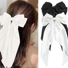 2个装女士超大黑白蝴蝶结发夹，大号蝴蝶结长尾缎面丝滑发带蝴蝶结发夹，马尾发卡，适合成人和青少年，春夏时尚配饰 - 彩色 - 查看 1