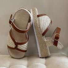 Girls' Woven Platform Sandals - T-Strap Thick Sole Sandals With Ankle Strap And Bells, Summer Straw Beach Slippers - Apricot - View 2