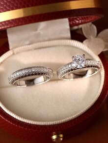 两件套优雅立方氧化锆戒指套装，女士奢华珠宝，适合婚礼、派对、宴会等场合，铜质材料，不褪色且低致敏性，是理想的礼物之选。 - 銀色 - 查看 16