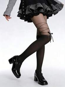 1件春秋季蝴蝶结黑白拼接连裤袜，优雅缎带交叉设计，情人节时尚礼物 - 黑色 - 查看 2