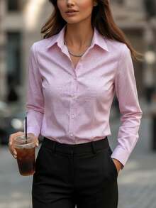 1pc Women's Elegant Spring/Summer New Plaid Long Sleeve Shirt, Business Casual All-Season Fashion Piece, Suitable For Business Meetings, Suit Undershirt, Hangout With Friends, Casual Outings - Pink - View 3