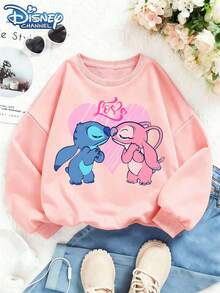 Disney Stitch And Angie Kissing Print, Soft And Warm Hoodie For Girls, Suitable For Everyday Casual Wear, Family Outings, And Various Occasions. - 粉色 - 查看 1