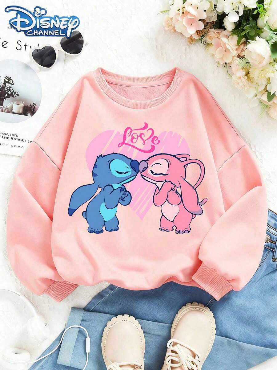 Disney Stitch And Angie Kissing Print, Soft And Warm Hoodie For Girls, Suitable For Everyday Casual Wear, Family Outings, And Various Occasions. - 粉色 - 查看 1
