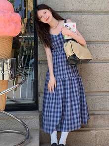 宽松格纹吊带连衣裙，夏季少女格纹长裙，修身显瘦 - 藏蓝色 - 查看 4