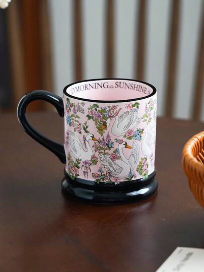 كوب سيراميك مزخرف باليد بشكل زهري وبتصميم البجع سعة 430 مل (14.5 أونصة) - أدوات شرب أنيقة للعصير/الحليب/القهوة/الشاي، هدية مثالية للعائلة والأصدقاء في عيد الحب/عيد الميلاد/المناسبات