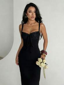 WOWDARK Women Elegant Slim-Fit Lace Splice Slim Slit Camisole Dress, Strap Package-Up Dress, Festival, Party, Evening Gown - màu đen - Xem 3
