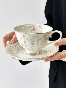 1set Retro Gold-Painted Ceramic Coffee Cup & Saucer, Hand-Painted Pink Floral Pattern, Elegant Afternoon Tea/Coffee Set, High-Quality Mug For Office, Holiday Gift Back To School - Multicolor - View 3